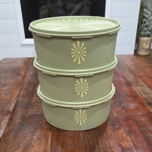 Vintage Green Tupperware Storage Containers with Floral Design